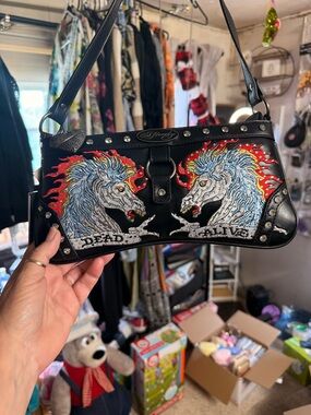 Ed Hardy Black Shoulder Bag with Embroidered Unicorn Flames